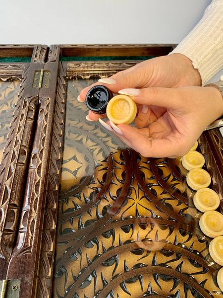 Handmade backgammon with carving under glass, 58×28×10 cm, art. 192376, Brown