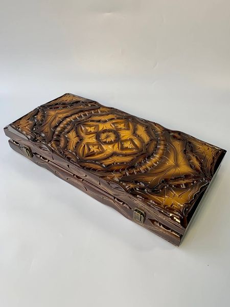 Handmade backgammon with carving under glass, 58×28×10 cm, art. 192376, Brown