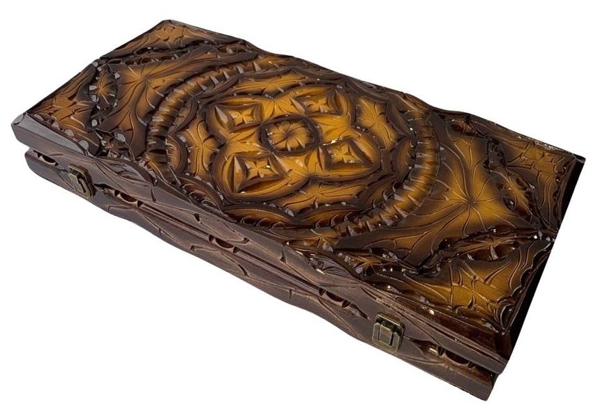 Handmade backgammon with carving under glass, 58×28×10 cm, art. 192376, Brown