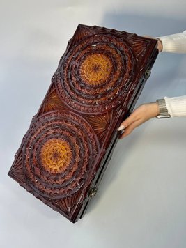 Handmade backgammon with carving under glass, 58×28×10 cm, art. 192377, Brown