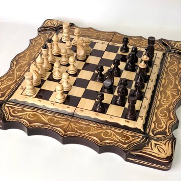 Handmade chess set 3 in 1 GrossMeister, 60×30×9 cm, art. 191052, Brown