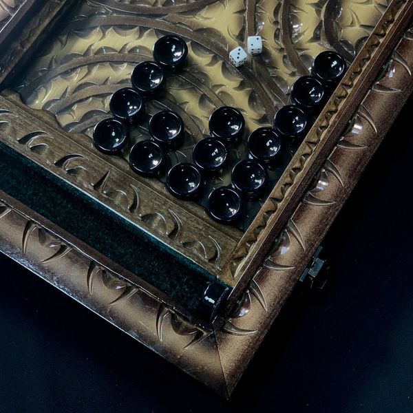 Handmade backgammon with carving under glass, 60×30×10 cm, art. 192378, Brown