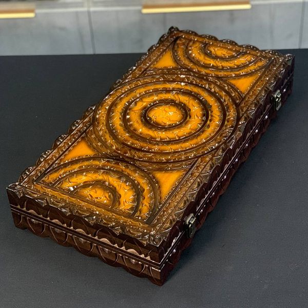 Handmade backgammon with carving under glass, 60×30×10 cm, art. 192378, Brown