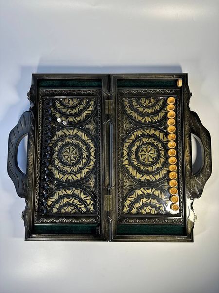 Exquisite backgammon with a thread under glass, with a handle 58×28×9 cm, art. 192382, Black