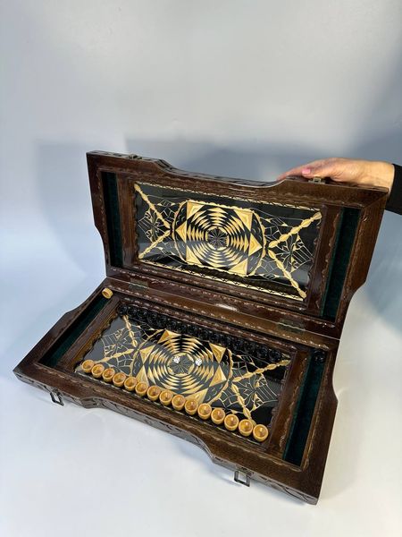 Handmade backgammon with carving under glass, 60×30×10 cm, art. 192381, Brown