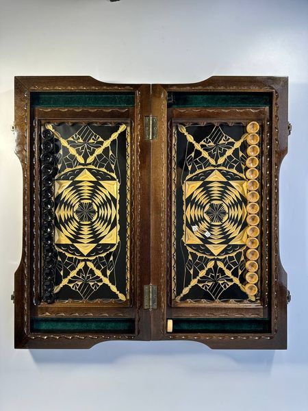 Handmade backgammon with carving under glass, 60×30×10 cm, art. 192381, Brown