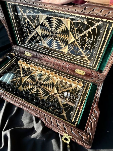 Handmade backgammon with carving under glass, 58×28×10 cm, art. 192372, Brown