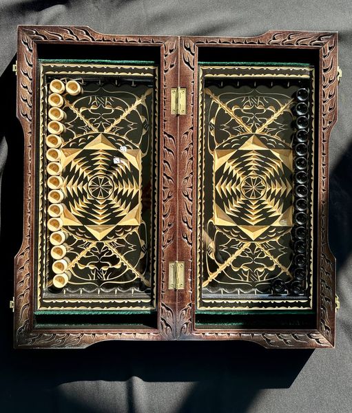 Handmade backgammon with carving under glass, 58×28×10 cm, art. 192372, Brown