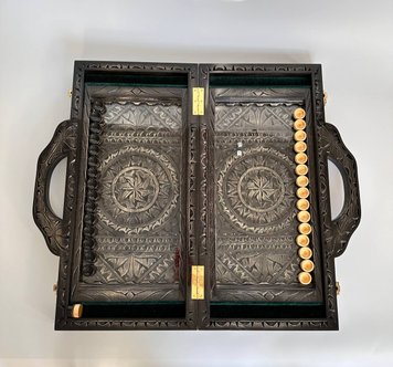 Exquisite backgammon with a thread under glass, with a handle 58×28×9 cm, art. 192345, Black