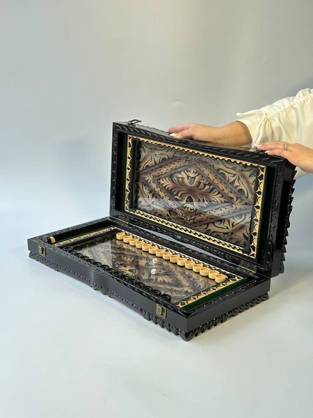 Handmade backgammon with carving under glass, 58×28×10 cm, art. 192384, Brown