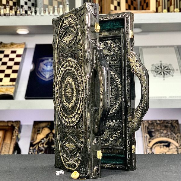 Wooden backgammon, carved under glass, GrossMeister, black, 58 × 28 × 9 cm, art. 192345, Black