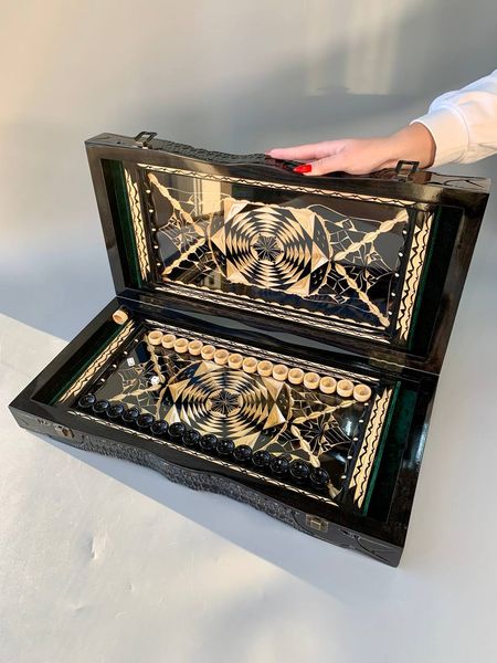 Prestigious wooden backgammon with carving under glass, 58×28×10 cm, art. 192302