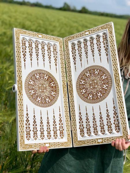 Backgammon made of white acrylic stone "Trident" 60×30×5 cm