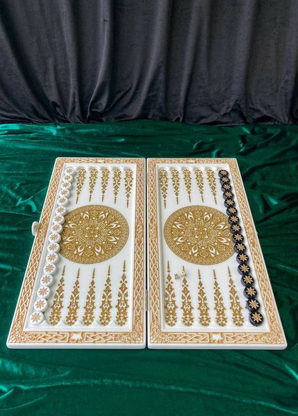 Backgammon made of white acrylic stone "Ornament" 60×30×5 cm