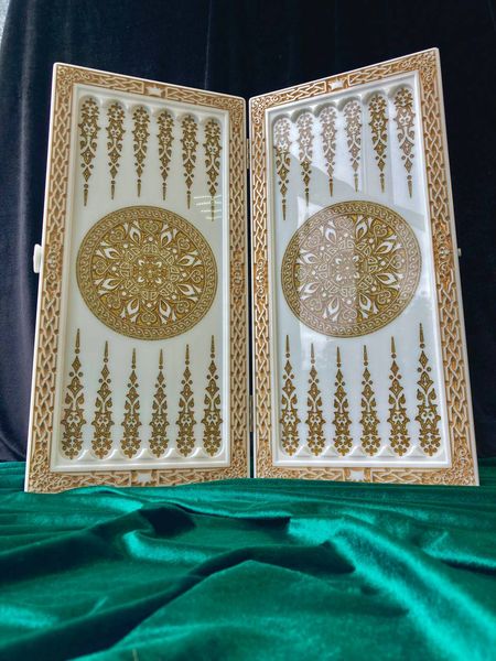 Backgammon made of white acrylic stone "Ornament" 60×30×5 cm