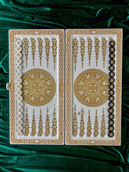 Backgammon made of white acrylic stone "Ornament" 60×30×5 cm