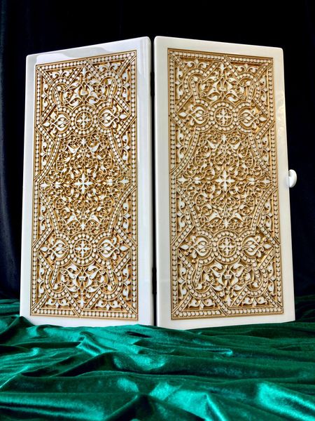 Backgammon made of white acrylic stone "Ornament" 60×30×5 cm