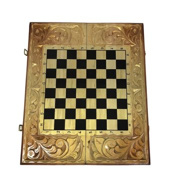 Handmade chess set 3 in 1, under glass, 58×25×9 cm, art. 194022, Brown