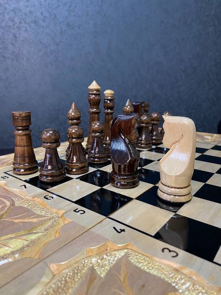 Handmade chess set 3 in 1, under glass, 58×25×9 cm, art. 194022, Brown