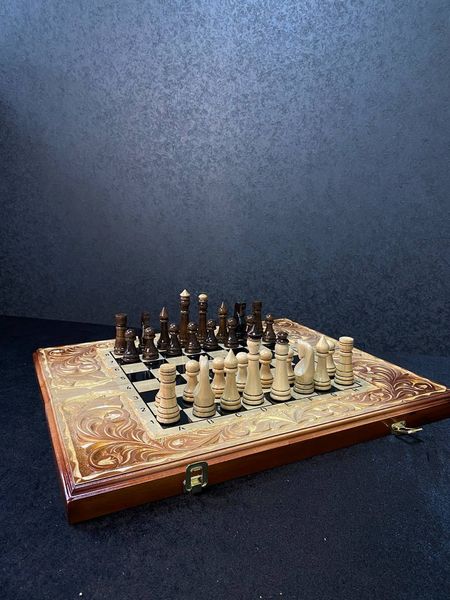 Handmade chess set 3 in 1, under glass, 58×25×9 cm, art. 194022, Brown