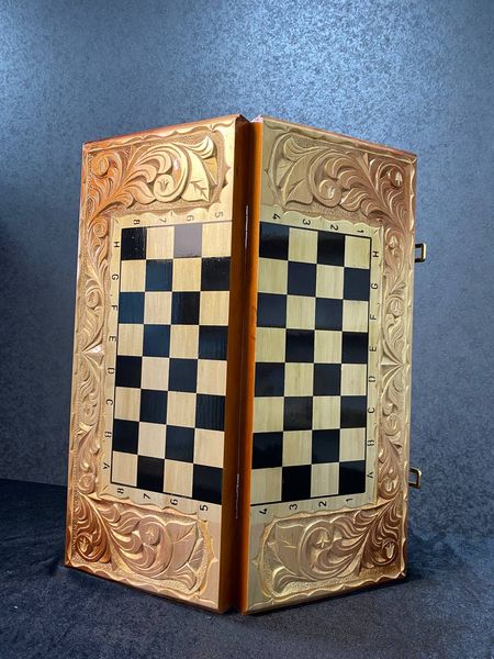 Handmade chess set 3 in 1, under glass, 58×25×9 cm, art. 194022, Brown