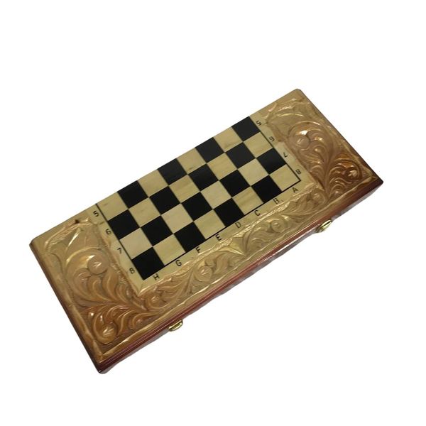 Handmade chess set 3 in 1, under glass, 58×25×9 cm, art. 194022, Brown