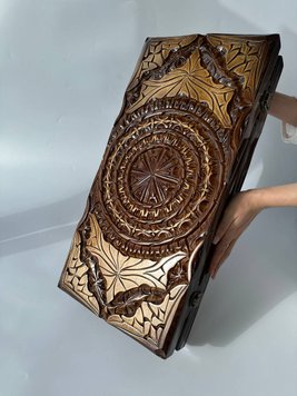 Handmade backgammon with carving under glass, 58×28×10 cm, art. 192385, Brown