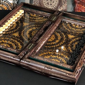 Handmade backgammon with carving under glass, 58×28×10 cm, art. 192385, Brown